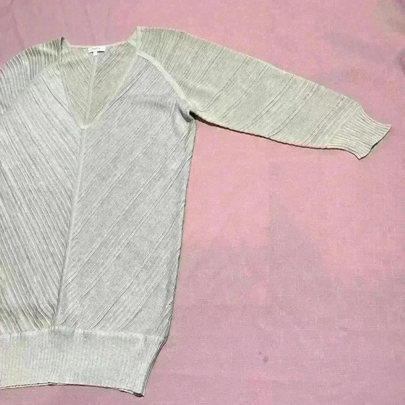 Escada Shimmer Metallic V Neck Half Sleeve Top Blouse Ribbed Semi Sheer Striped - Picture 10 of 11